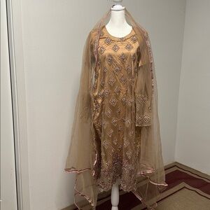 Tan and Light Pink Embroidered Two-Piece Salwar Kameez Formal Size Approx. Large